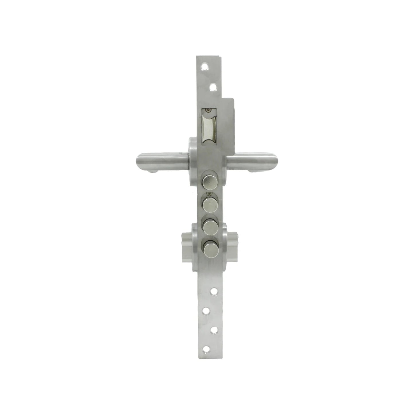 Cerradura de seguridad multipunto para puerta de aluminio, acabado acero cepillado. Incluye pestillo, manija y 3 pernos.