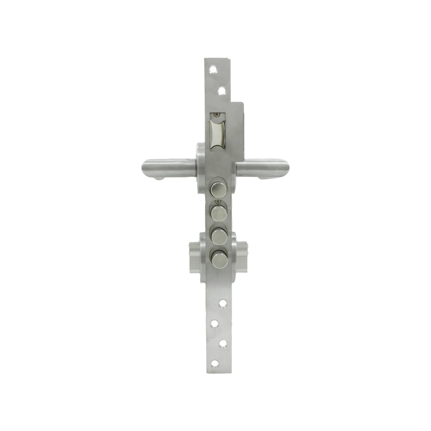 Cerradura de seguridad multipunto para puerta de aluminio, acabado acero cepillado. Incluye pestillo, manija y 3 pernos.
