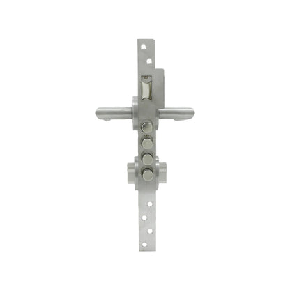 Cerradura de seguridad multipunto para puerta de aluminio, acabado acero cepillado. Incluye pestillo, manija y 3 pernos.