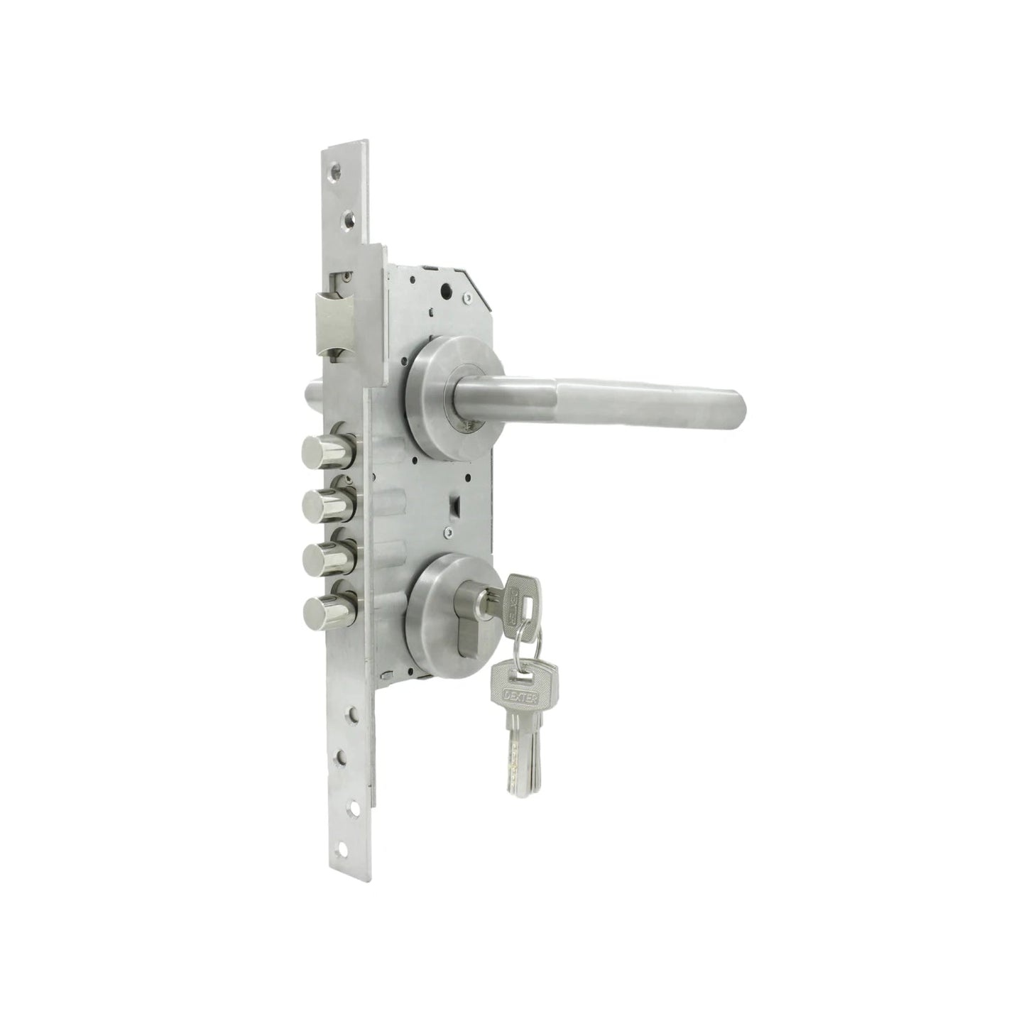 Cerradura multipunto Dexter de alta seguridad para puerta de aluminio, acabado acero inoxidable, manija y llaves.