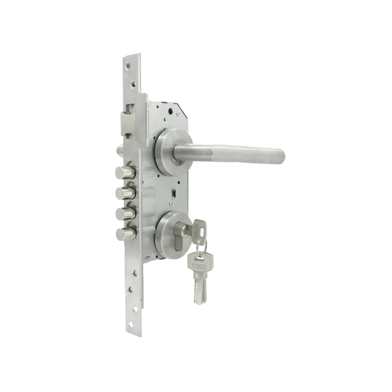 Cerradura multipunto Dexter de alta seguridad para puerta de aluminio, acabado acero inoxidable, manija y llaves.