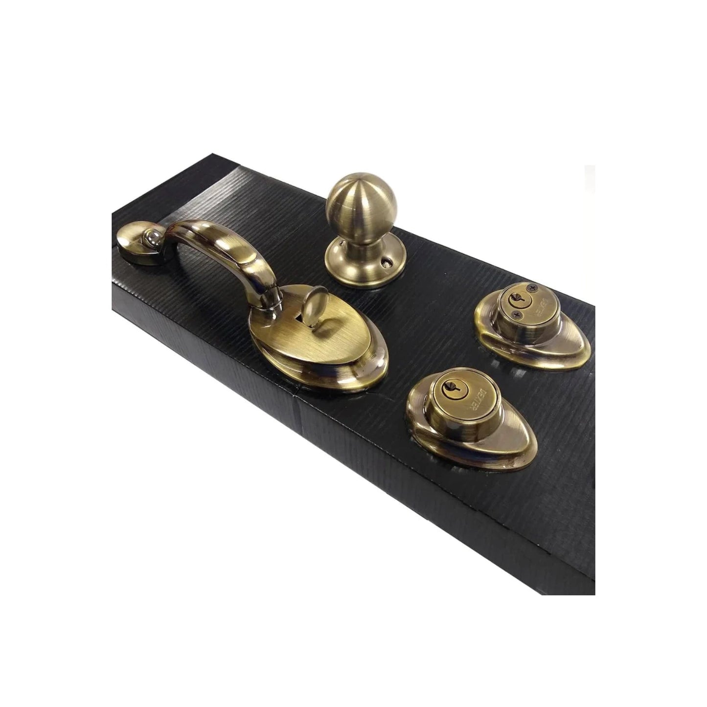 Cerradura Dexter para puerta principal: manija, perilla y cilindros de bronce antiguo.