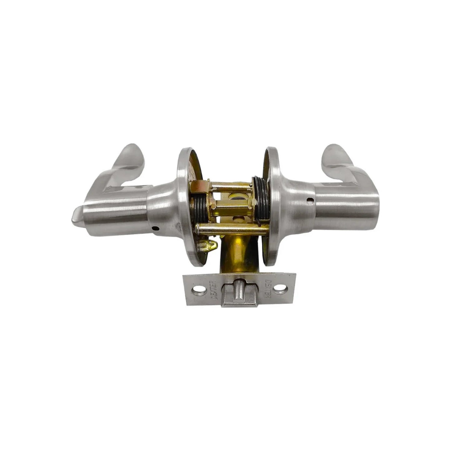 Cerradura de manija Dexter desarmada, níquel cepillado, con mecanismo interno y pestillo visibles