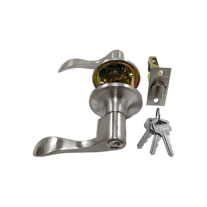 Chapa de manija Dexter acabado cromo cepillado con juego de llaves y pestillo para puerta