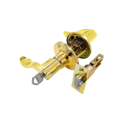 Cerradura de manija dorada Dexter, set de puerta con llave insertada, mecanismo y pestillo expuestos.