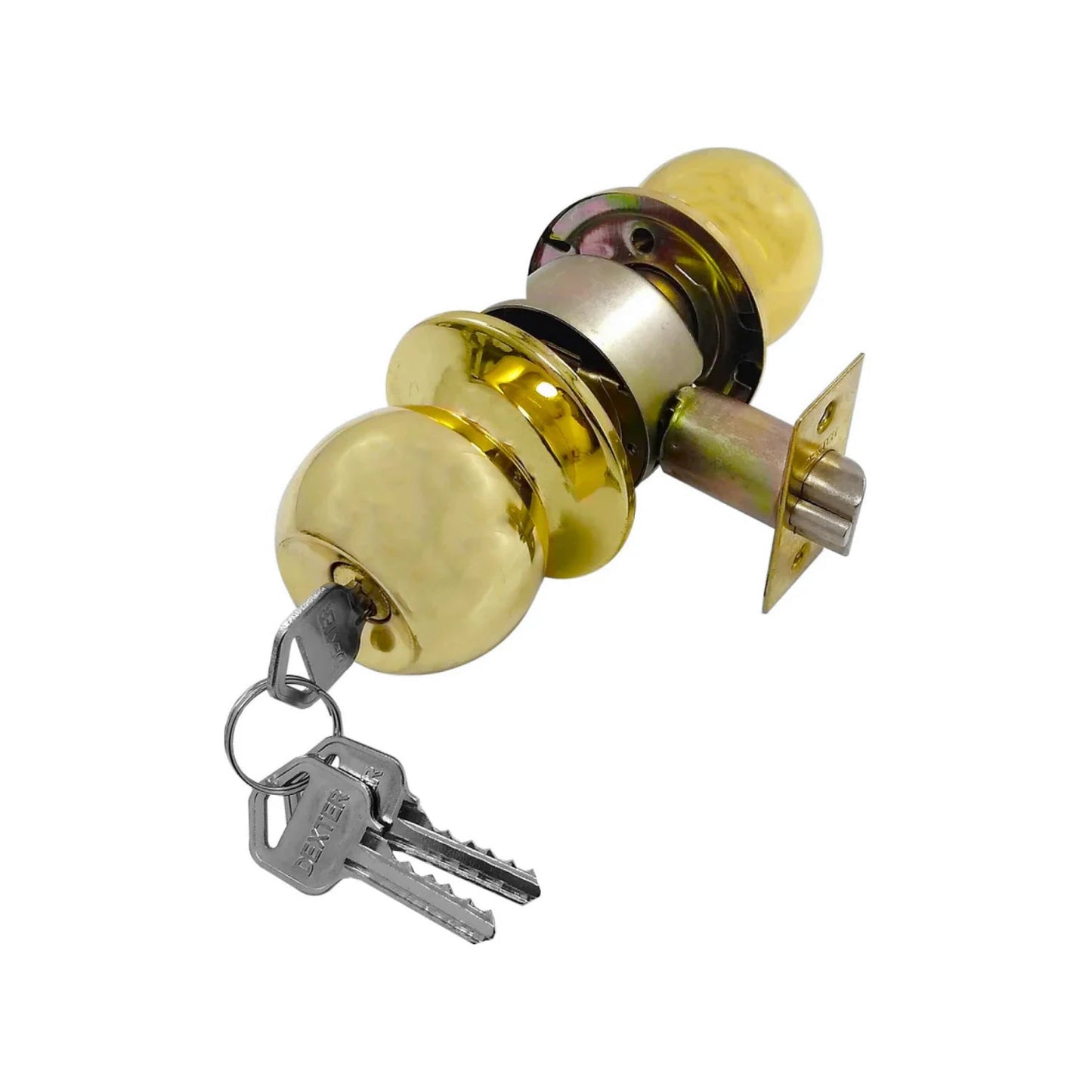 Cerradura de pomo Dexter dorada con llaves para recámara, mecanismo de seguridad metálico brillante.