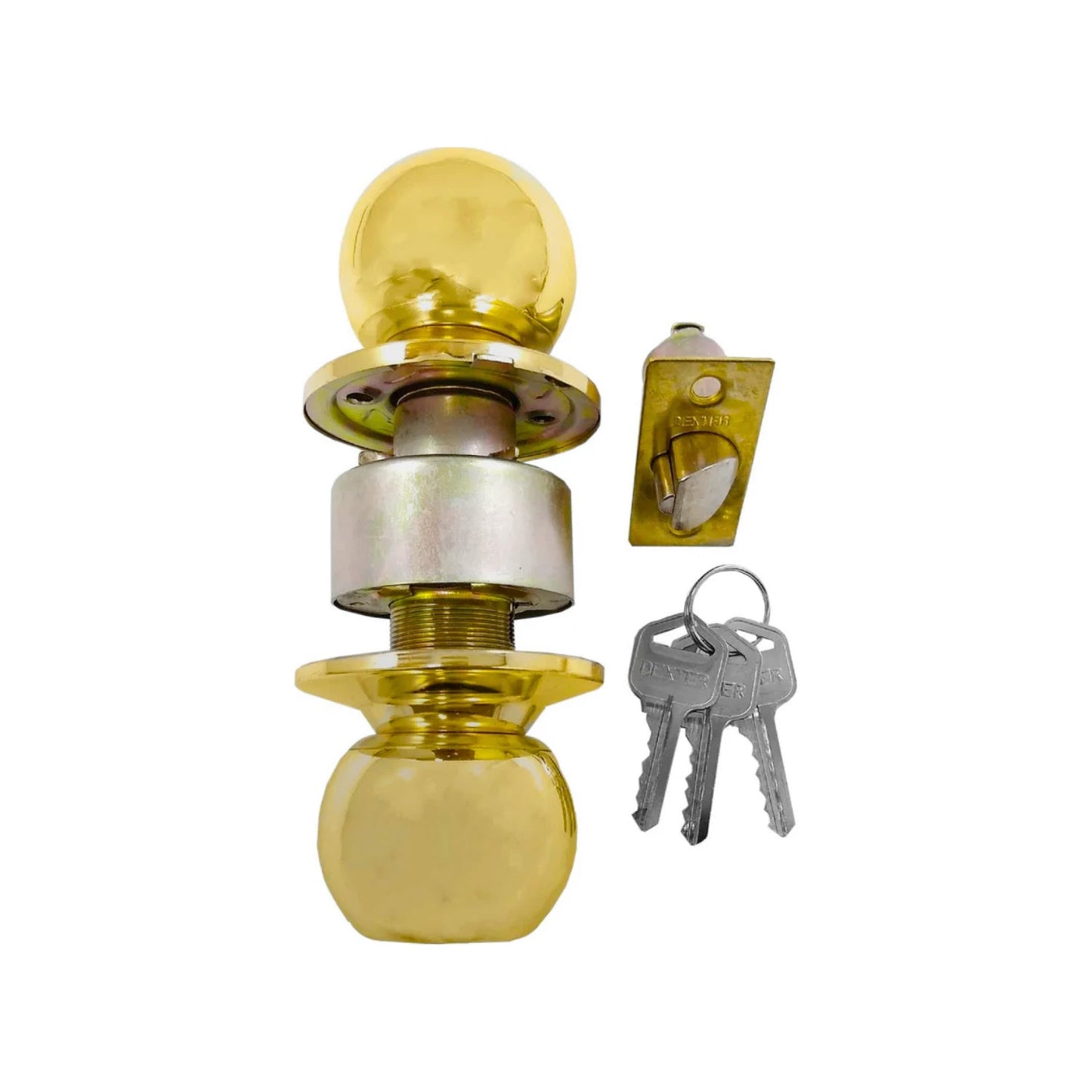 Kit cerradura de perilla Dexter acabado dorado, con mecanismo de pestillo y 3 llaves para puerta de recámara