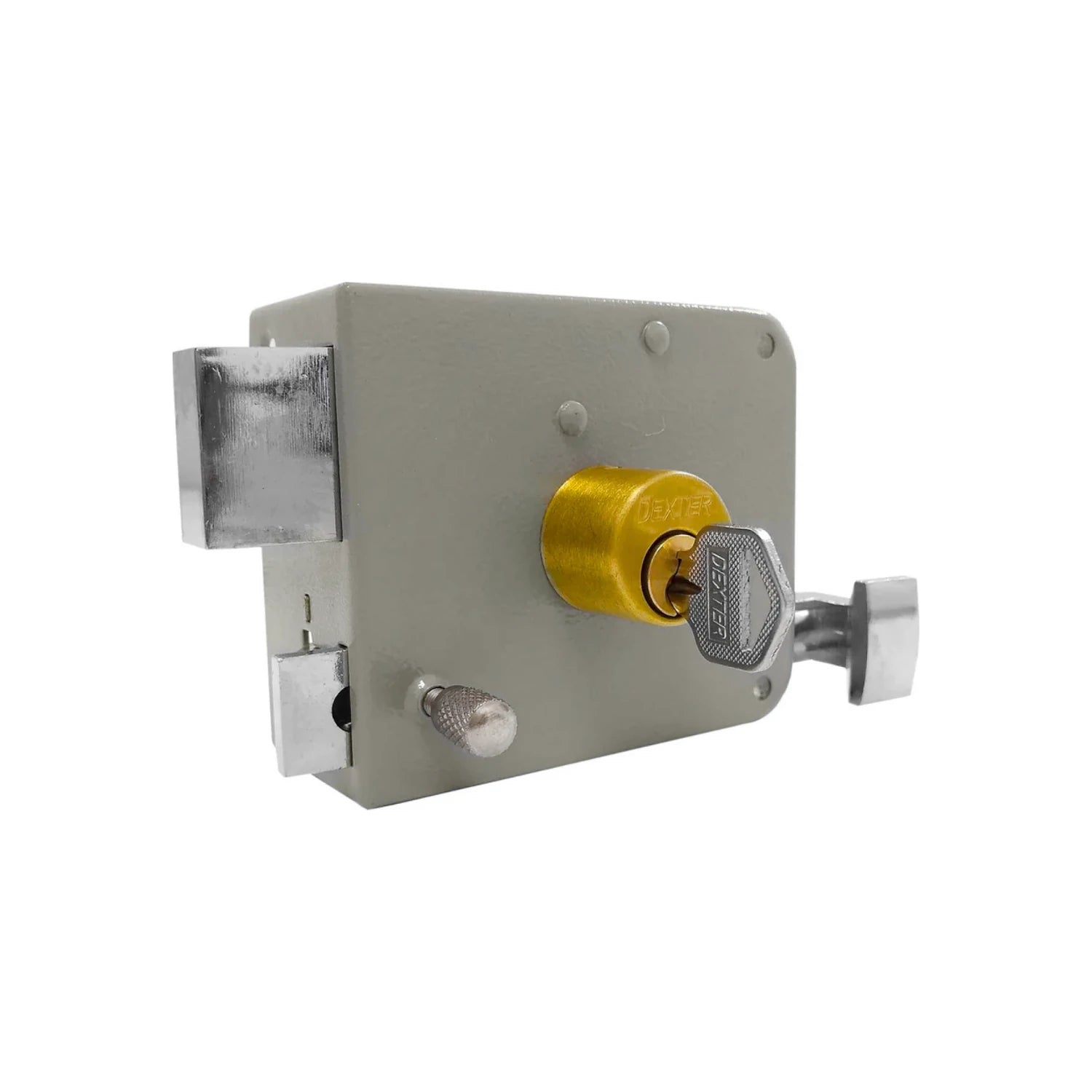 Cerradura de sobreponer izquierda Dexter con cuerpo gris, cilindro dorado y pestillos niquelados, llave puesta