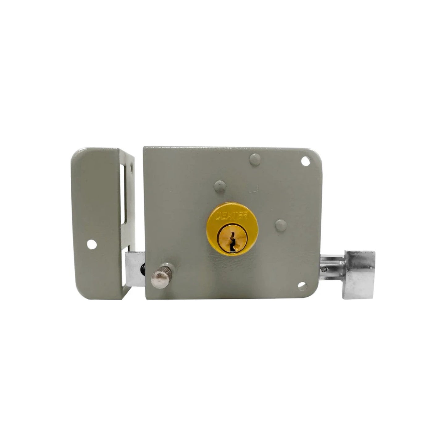 Cerradura de sobreponer izquierda Dexter niquelada con cilindro de llave y cerrojo para puertas.