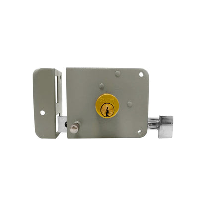 Cerradura de sobreponer izquierda Dexter niquelada con cilindro de llave y cerrojo para puertas.