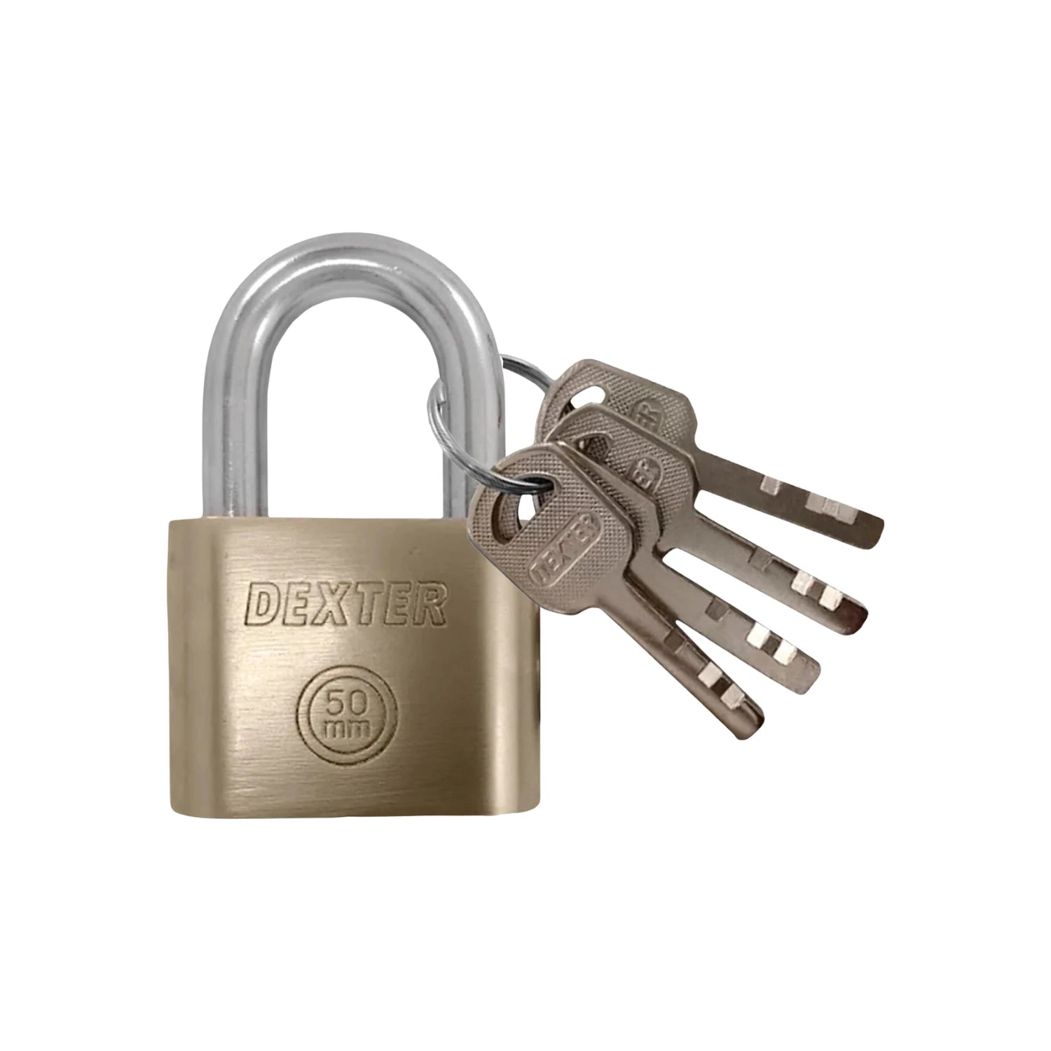 Candado de seguridad Dexter de latón 50 mm con grillete plateado y llaves