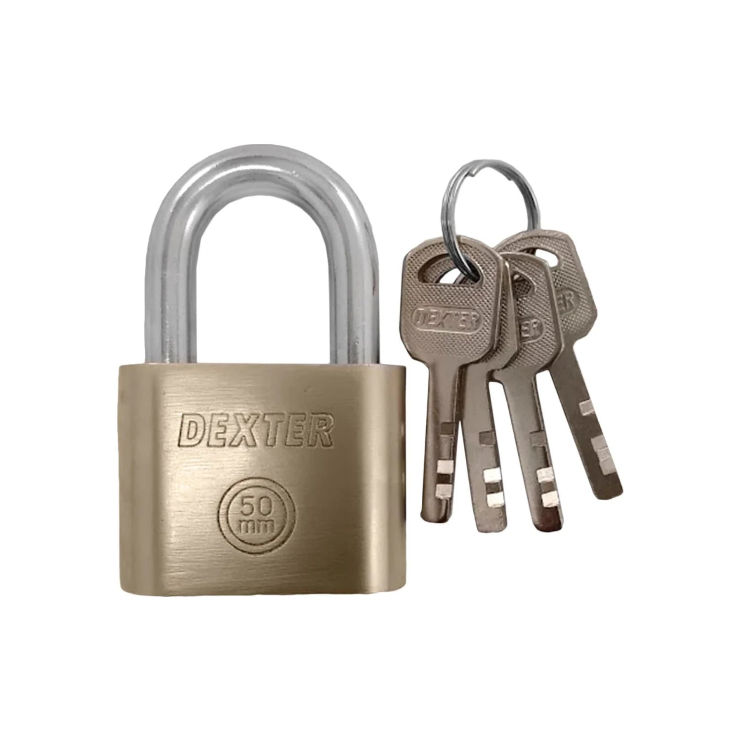 Candado DEXTER de seguridad 50 mm, cuerpo de latón y gancho de acero plateado con 3 llaves