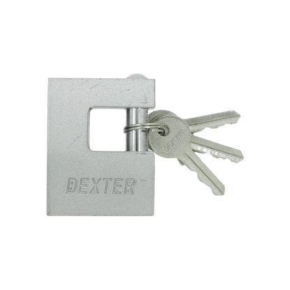 Candado rectangular de seguridad Dexter plata con tres llaves, resistente para persianas.