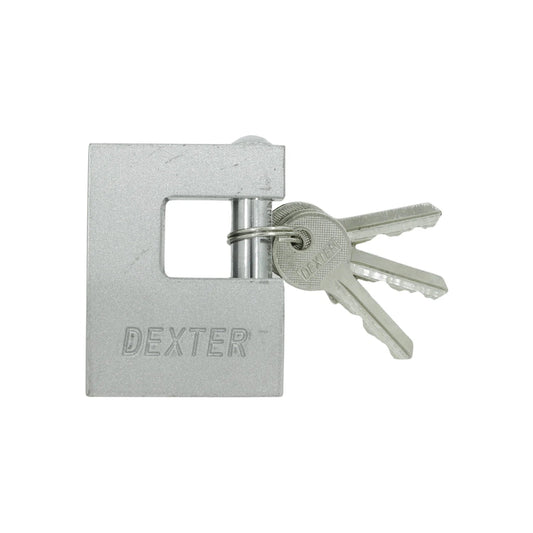 Candado rectangular de seguridad Dexter plata con tres llaves, resistente para persianas.