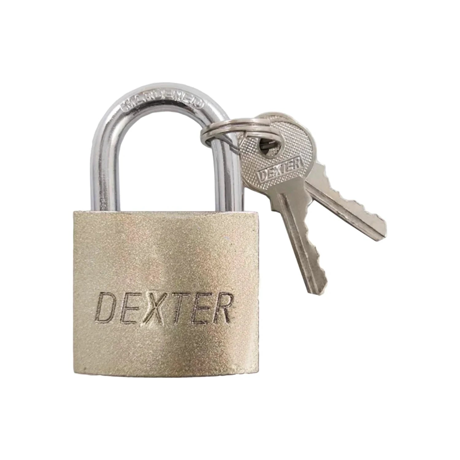 Candado de seguridad Dexter, cuerpo metálico color plata con gancho endurecido, incluye 2 llaves