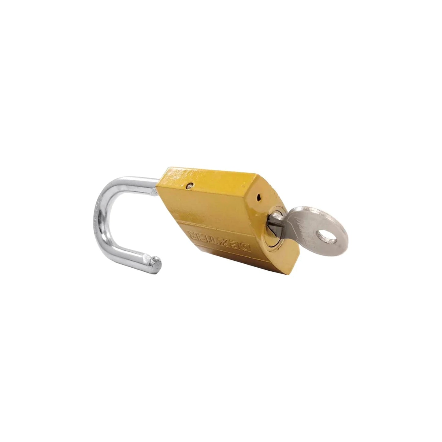 Candado Dexter dorado 40mm con gancho corto, abierto con llave insertada, seguridad.