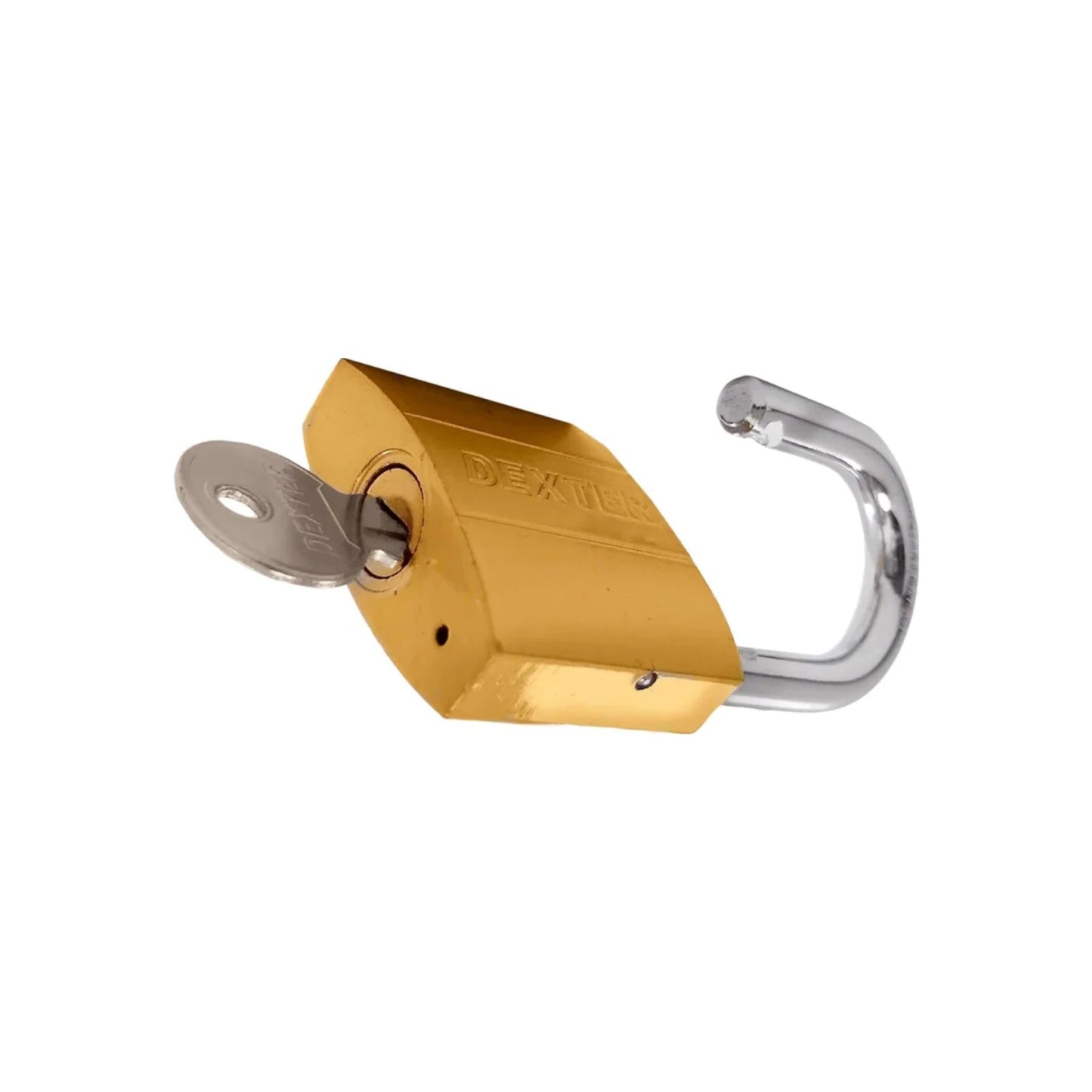 Candado DEXTER dorado de seguridad con llave insertada y grillete abierto