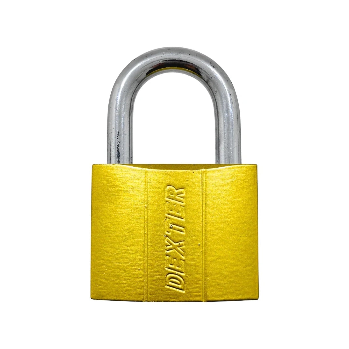 Candado de seguridad Dexter 60mm dorado, cuerpo resistente, gancho corto para protección y antirrobo.