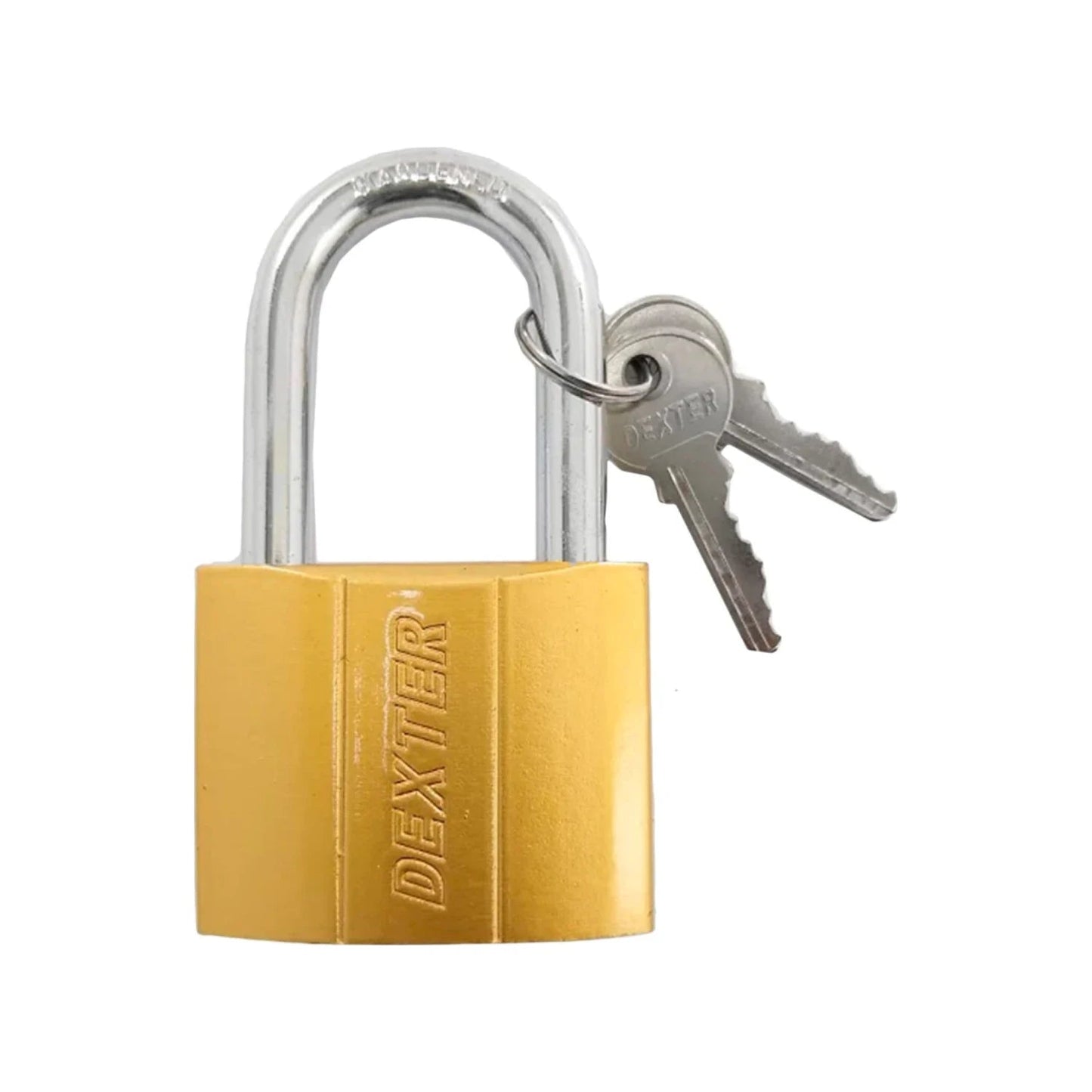 Candado Dexter de latón dorado con argolla de acero, incluye dos llaves plateadas para seguridad.