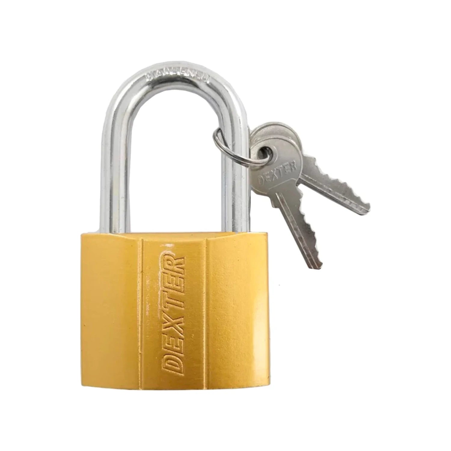 Candado Dexter de latón dorado con argolla de acero, incluye dos llaves plateadas para seguridad.