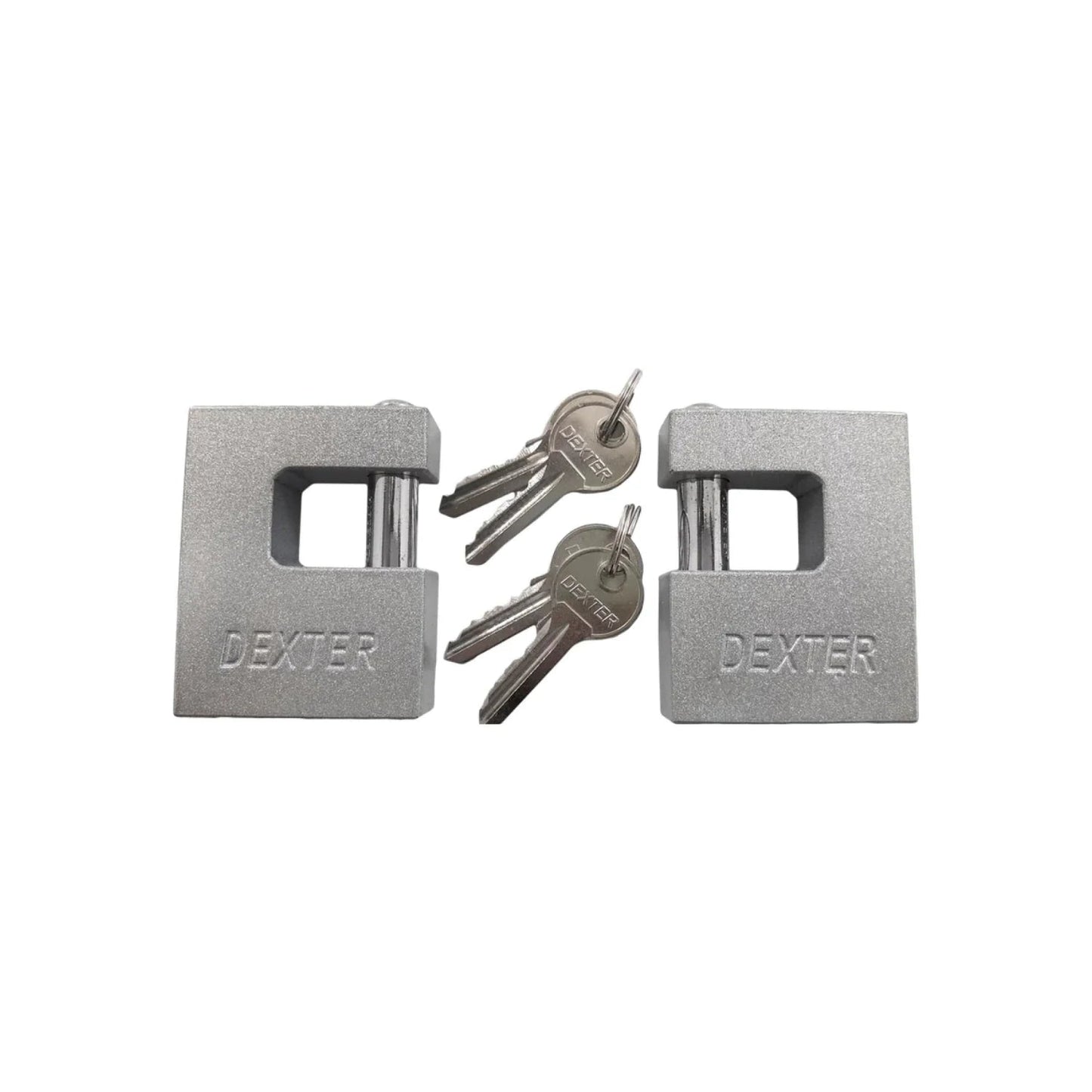 Dos candados de seguridad Dexter plateados con cuatro llaves, ideal para cortinas o portones