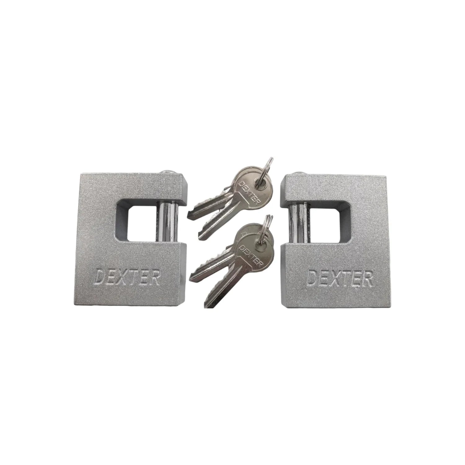 Dos candados de seguridad Dexter plateados con cuatro llaves, ideal para cortinas o portones