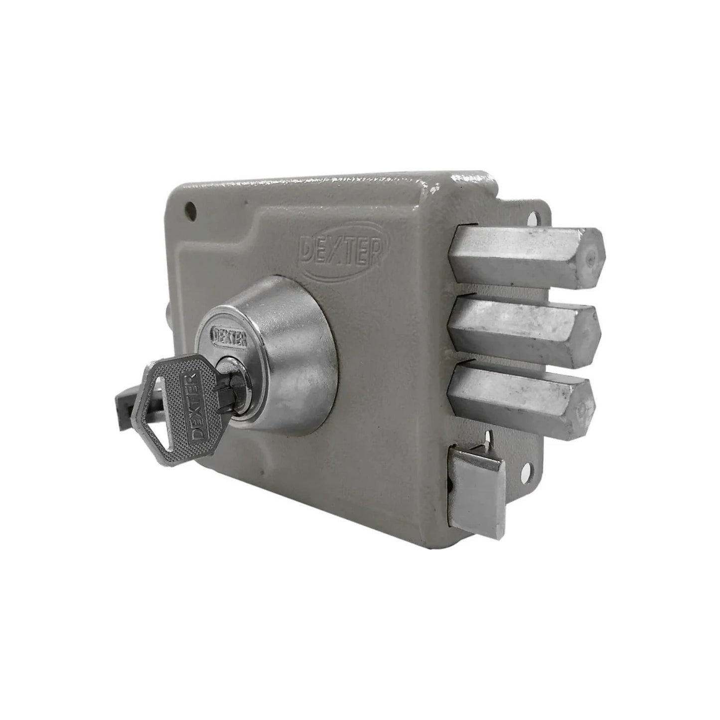Cerradura Dexter de sobreponer con tres bulones hexagonales de seguridad y llave insertada, acabado gris.