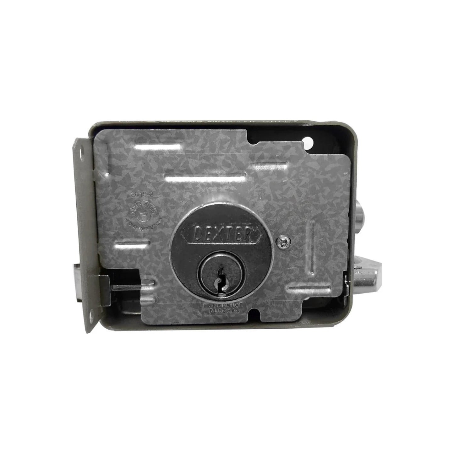 Mecanismo cerradura Dexter tres bulones derecha, interno con cilindro y llave, acero galvanizado para puerta.