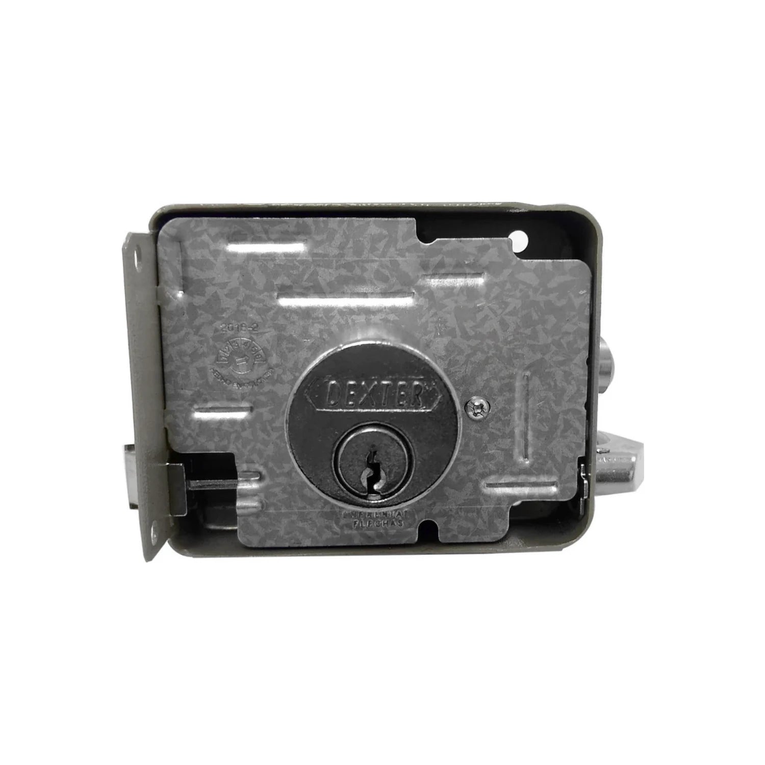 Mecanismo cerradura Dexter tres bulones derecha, interno con cilindro y llave, acero galvanizado para puerta.