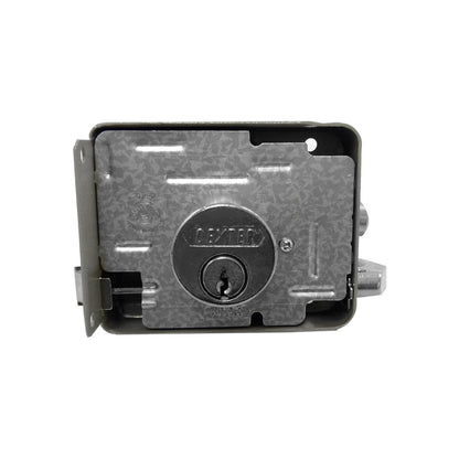 Mecanismo cerradura Dexter tres bulones derecha, interno con cilindro y llave, acero galvanizado para puerta.