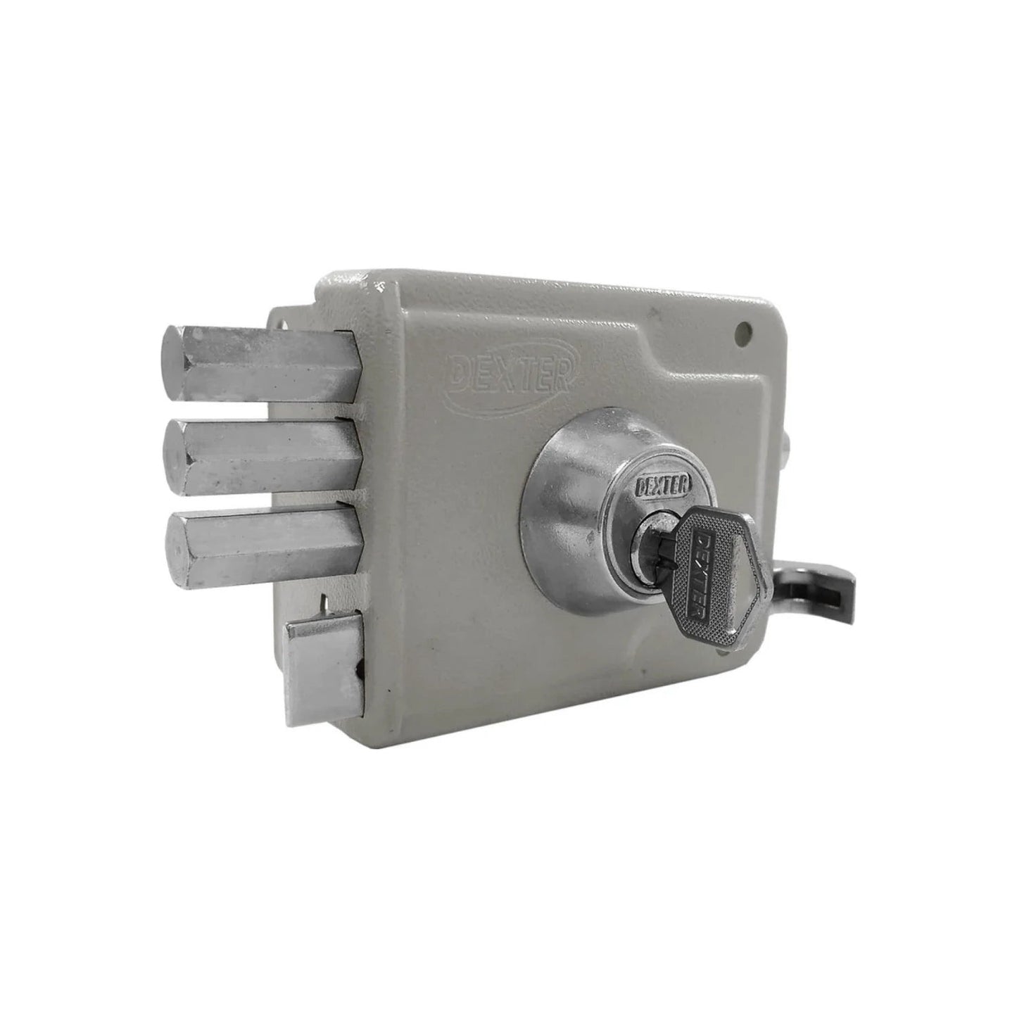 Cerradura Dexter de sobreponer gris con tres bulones de seguridad extendidos y llave plateada insertada