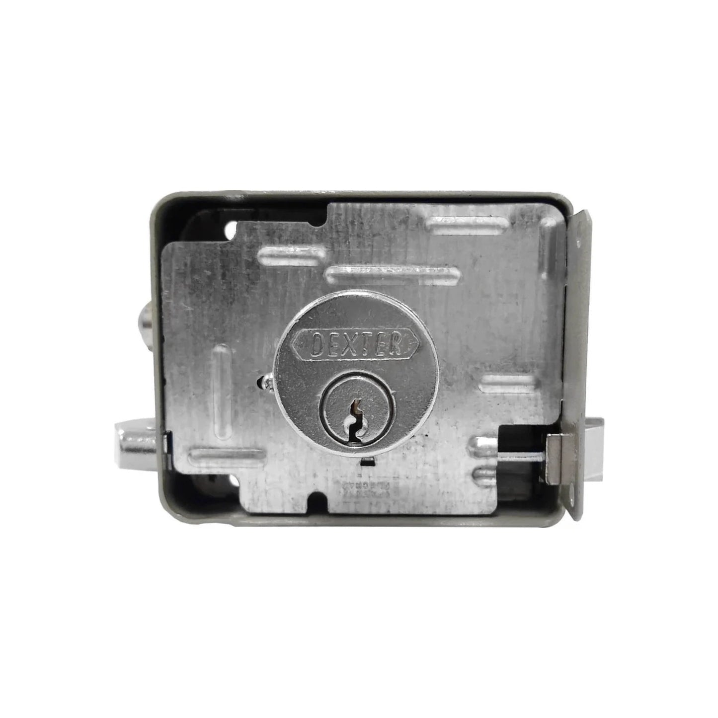 Mecanismo de cerradura Dexter metálico plateado, cilindro con llave y bulones internos.