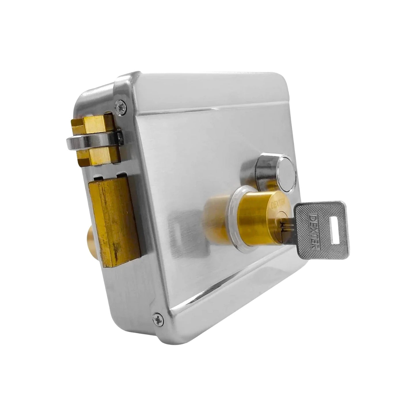 Cerradura eléctrica sobreponer cromada Dexter con llave insertada para puertas de seguridad