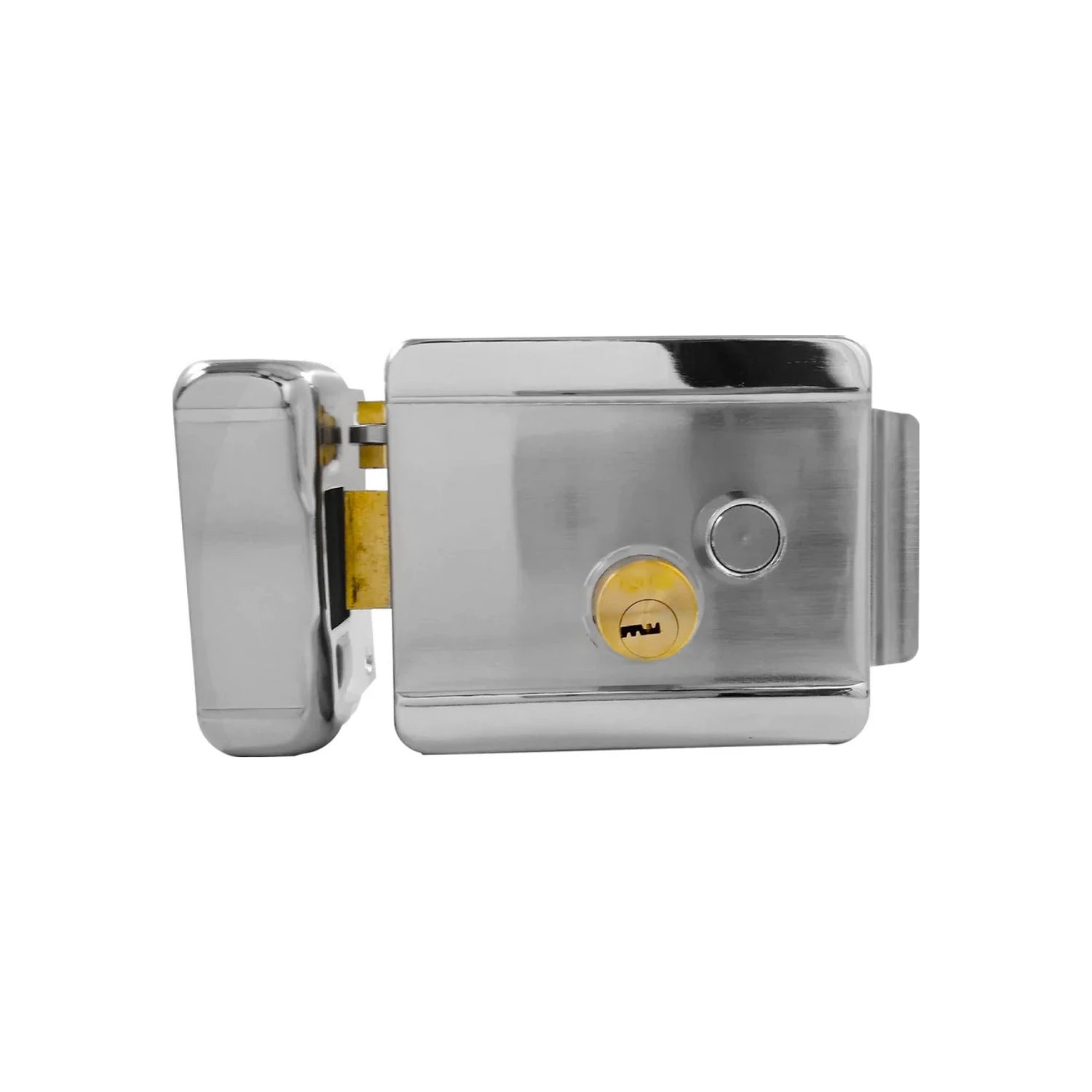 Cerradura eléctrica de sobreponer cromada con cilindro de llave y botón de apertura para puerta