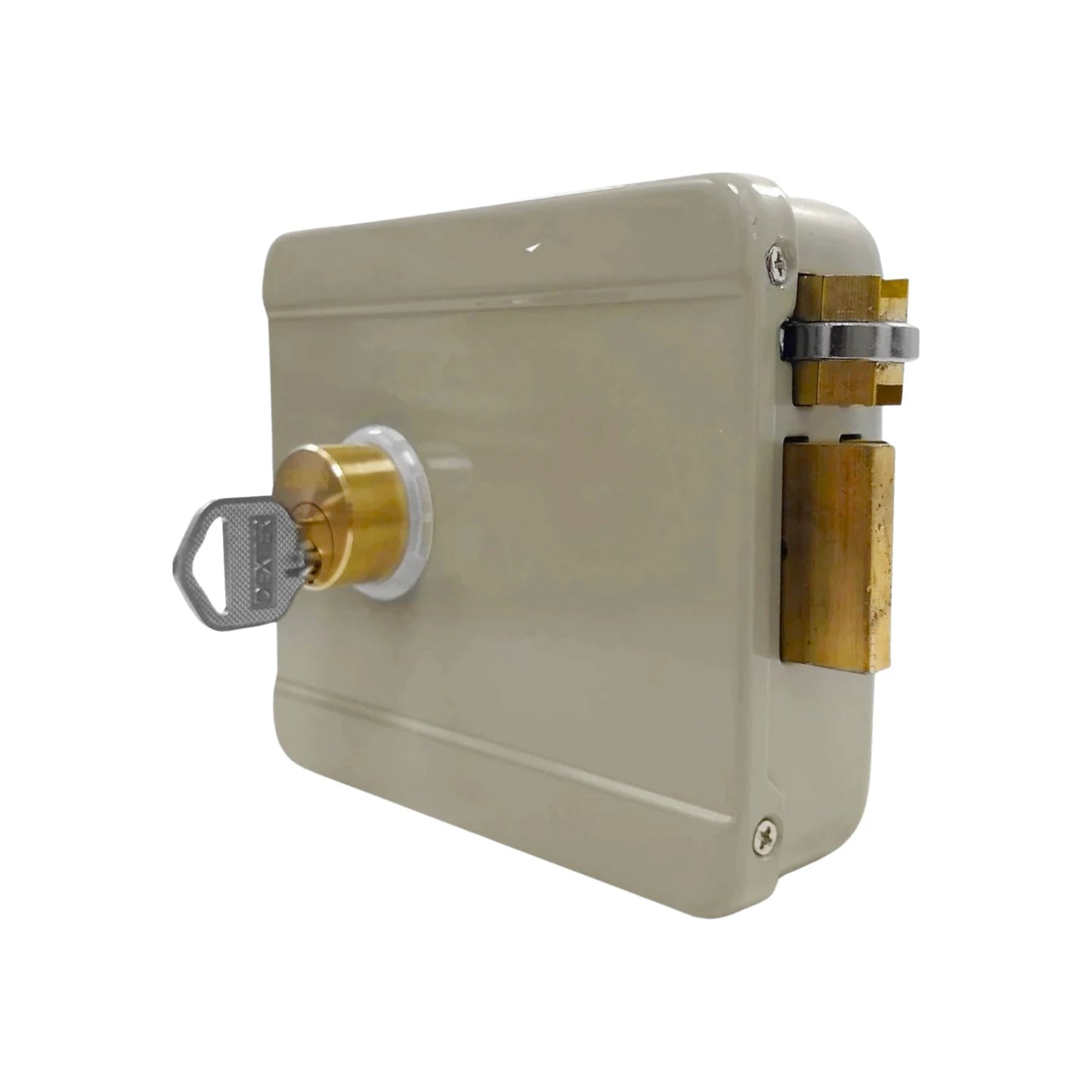 Cerradura eléctrica de sobreponer derecha Dexter beige con llave insertada, mecanismo de seguridad.