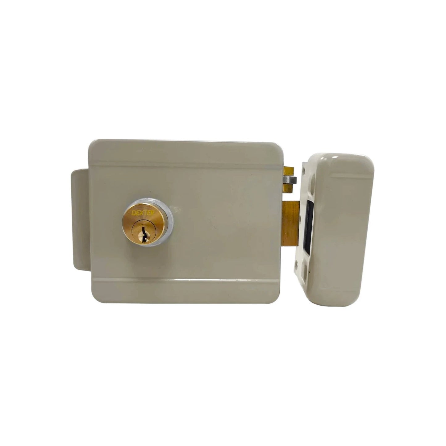 Cerradura eléctrica Dexter beige sobreponer, chapa derecha para puertas de seguridad con llave