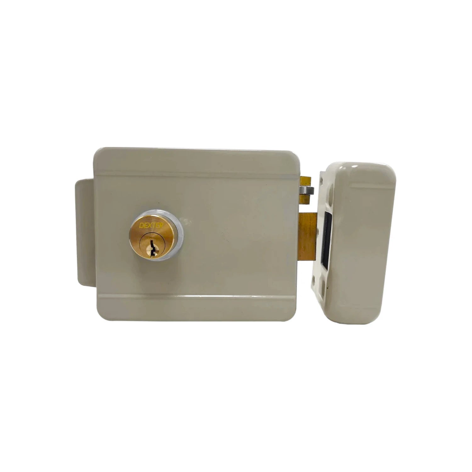Cerradura eléctrica Dexter beige sobreponer, chapa derecha para puertas de seguridad con llave