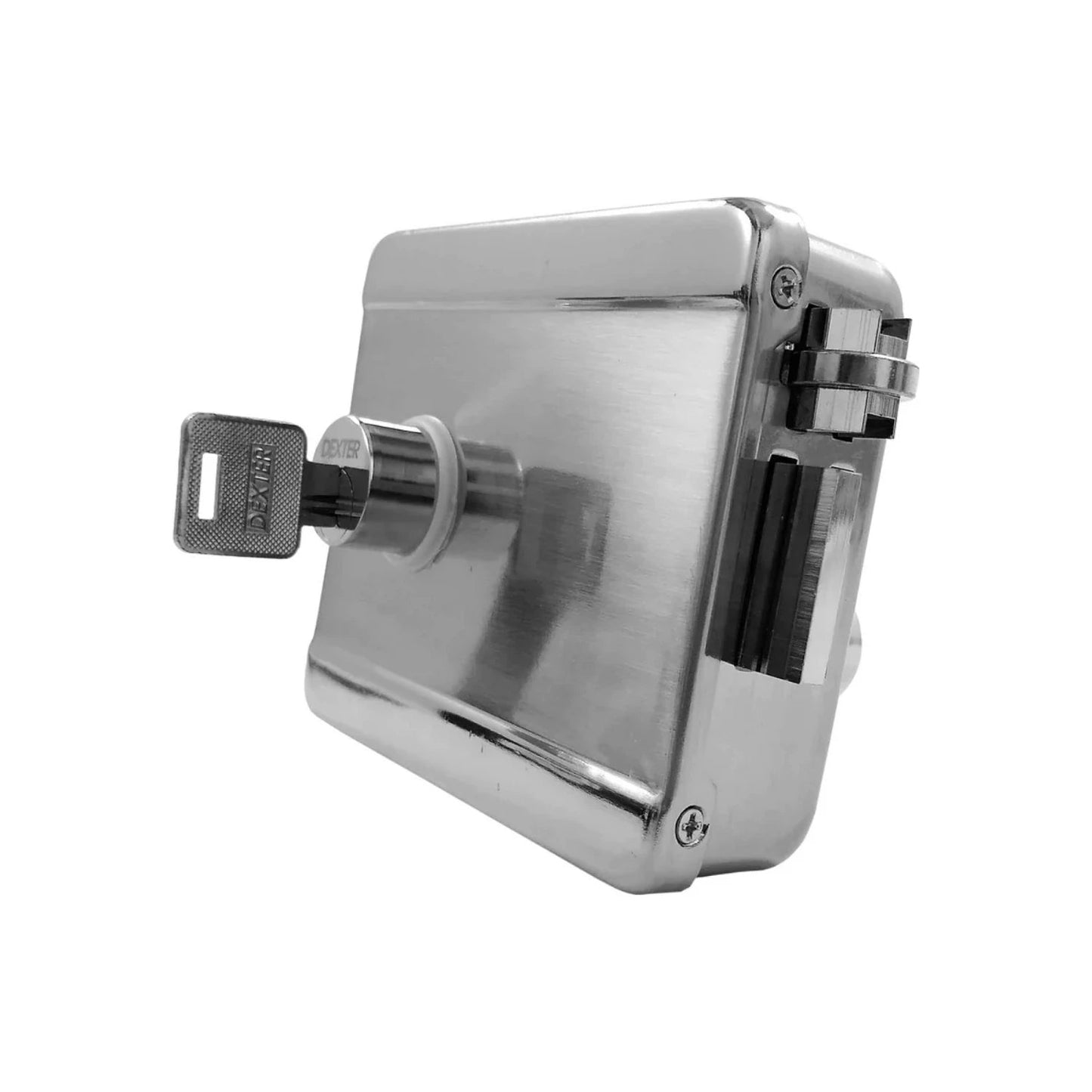 Cerradura eléctrica Dexter de sobreponer derecha cromada con llave, para seguridad de puerta