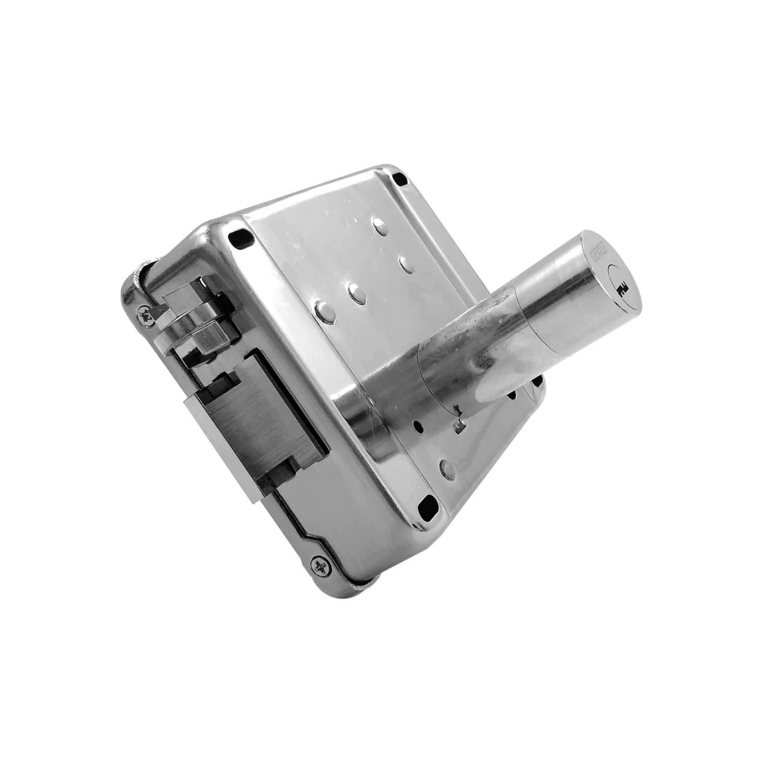 Cerradura eléctrica Dexter de sobreponer, acabado cromo brillante, para puerta derecha con cilindro de seguridad