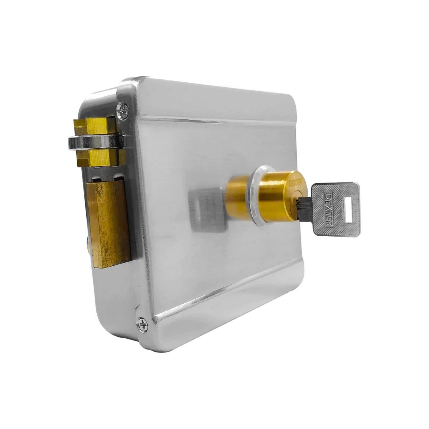 Chapa eléctrica de sobreponer cromada Dexter con llave insertada, ideal para seguridad en puertas.
