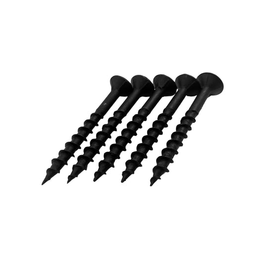 Cinco tornillos negros Phillips de rosca gruesa para madera, punta afilada