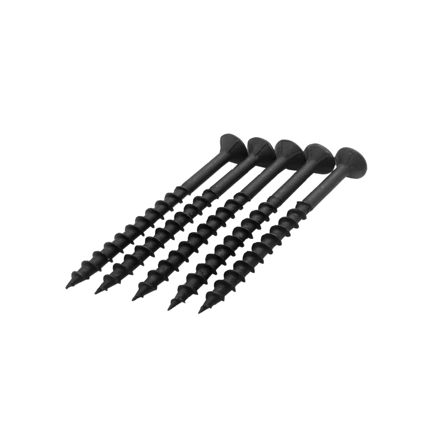 Cinco pijas para madera negras Phillips con rosca gruesa y punta aguda