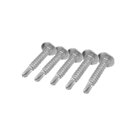 Tornillos punta de broca Phillips, acabado metálico plateado, cabeza de arandela para fijar en metal.