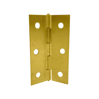Bisagra dorada de 2 pulgadas, acabado brillante, con seis orificios para tornillos, ideal para puertas y muebles.