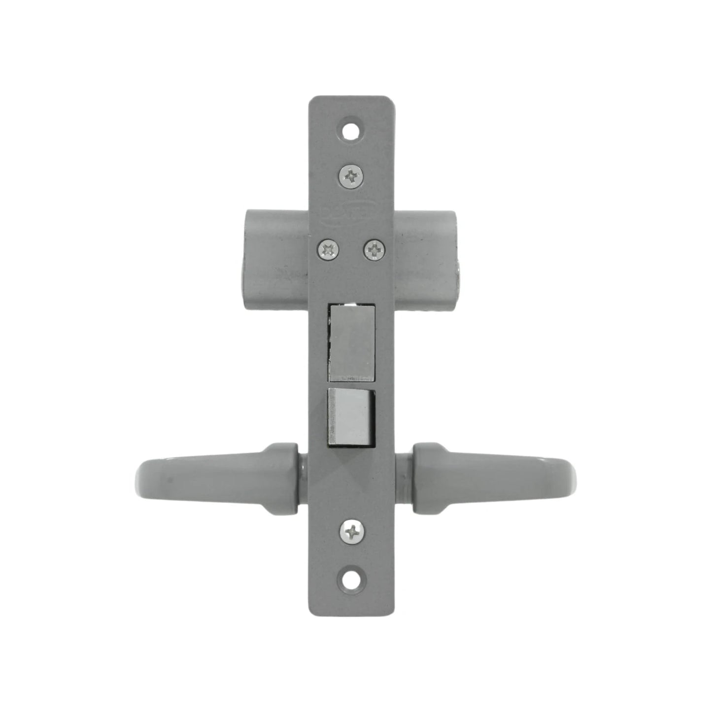 Chapa cerradura gris para puerta de aluminio, mecanismo con picaporte y manijas.