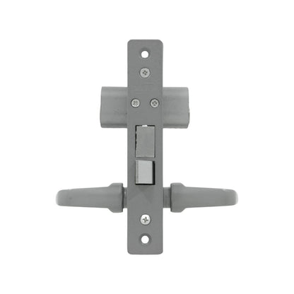 Chapa cerradura gris para puerta de aluminio, mecanismo con picaporte y manijas.