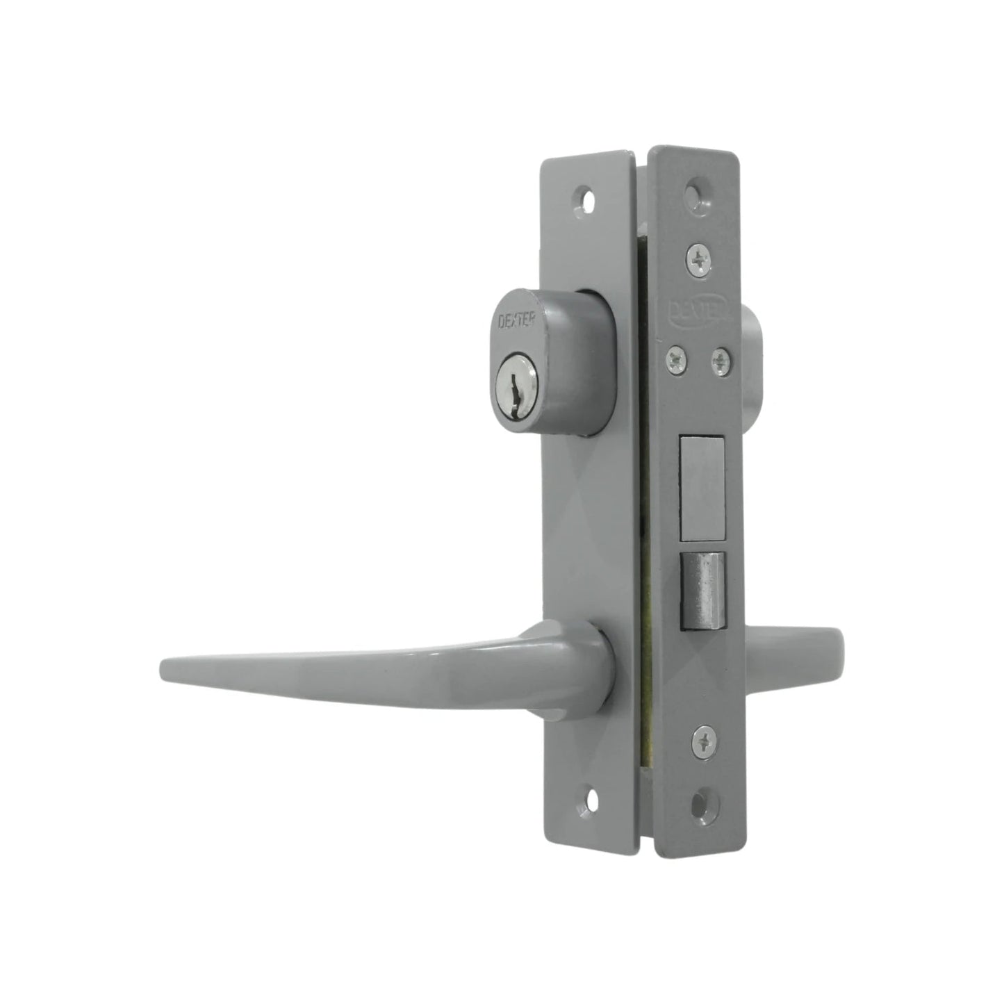 Cerradura Dexter gris para puerta de aluminio, con manija de palanca y cilindro de seguridad.