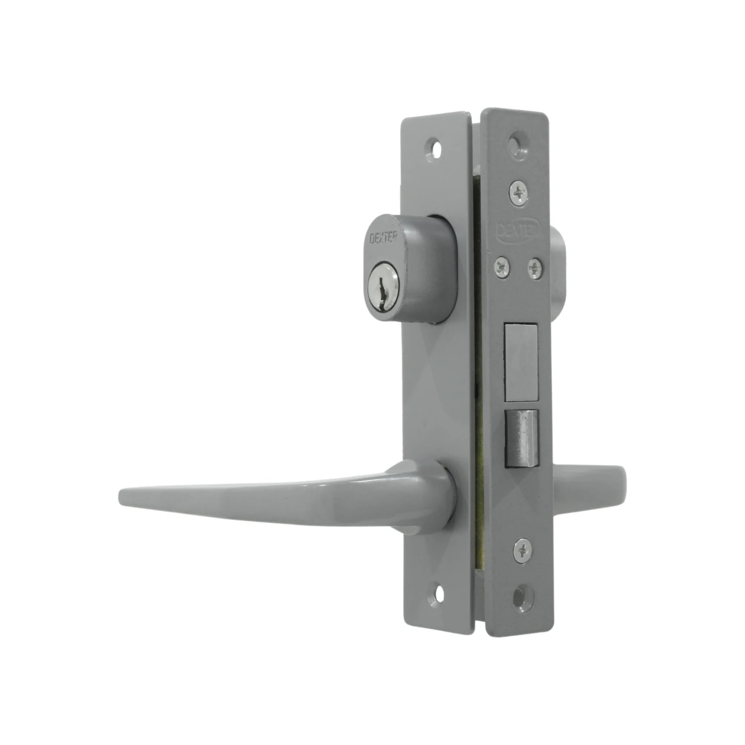 Cerradura Dexter gris para puerta de aluminio, con manija de palanca y cilindro de seguridad.