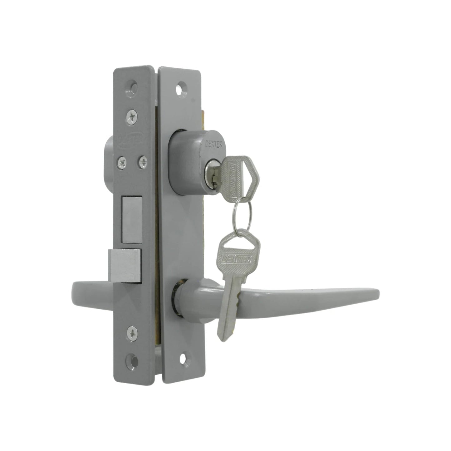 Cerradura Dexter gris para puerta de aluminio con manija de palanca, cilindro y juego de llaves plateadas.