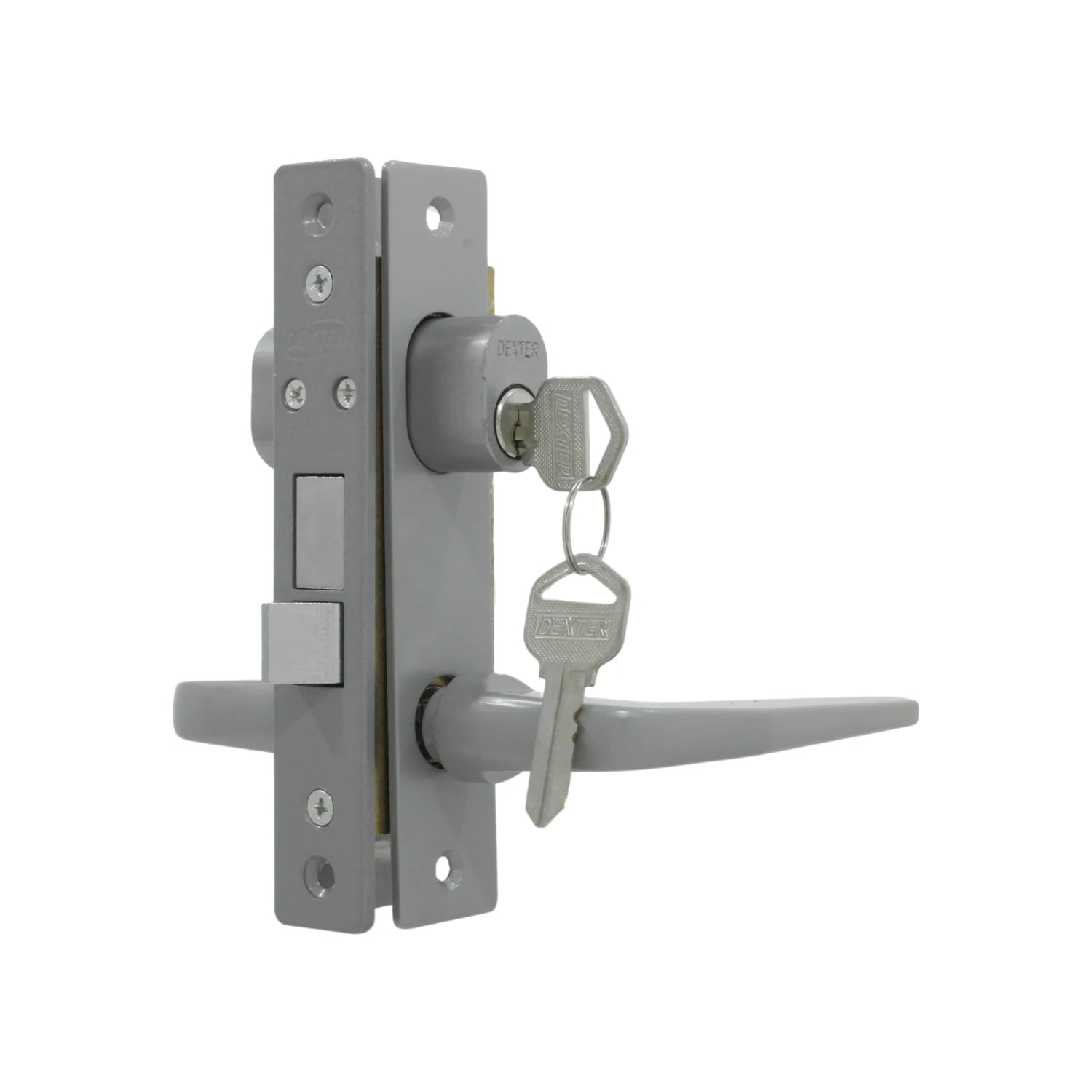 Cerradura Dexter gris para puerta de aluminio con manija de palanca, cilindro y juego de llaves plateadas.
